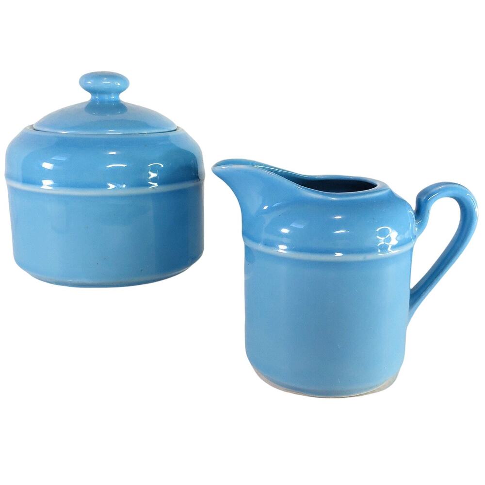 Vintage 1980s Stoneware Sugar Creamer Set Light Blue Lidded Bowl Pitcher Korea